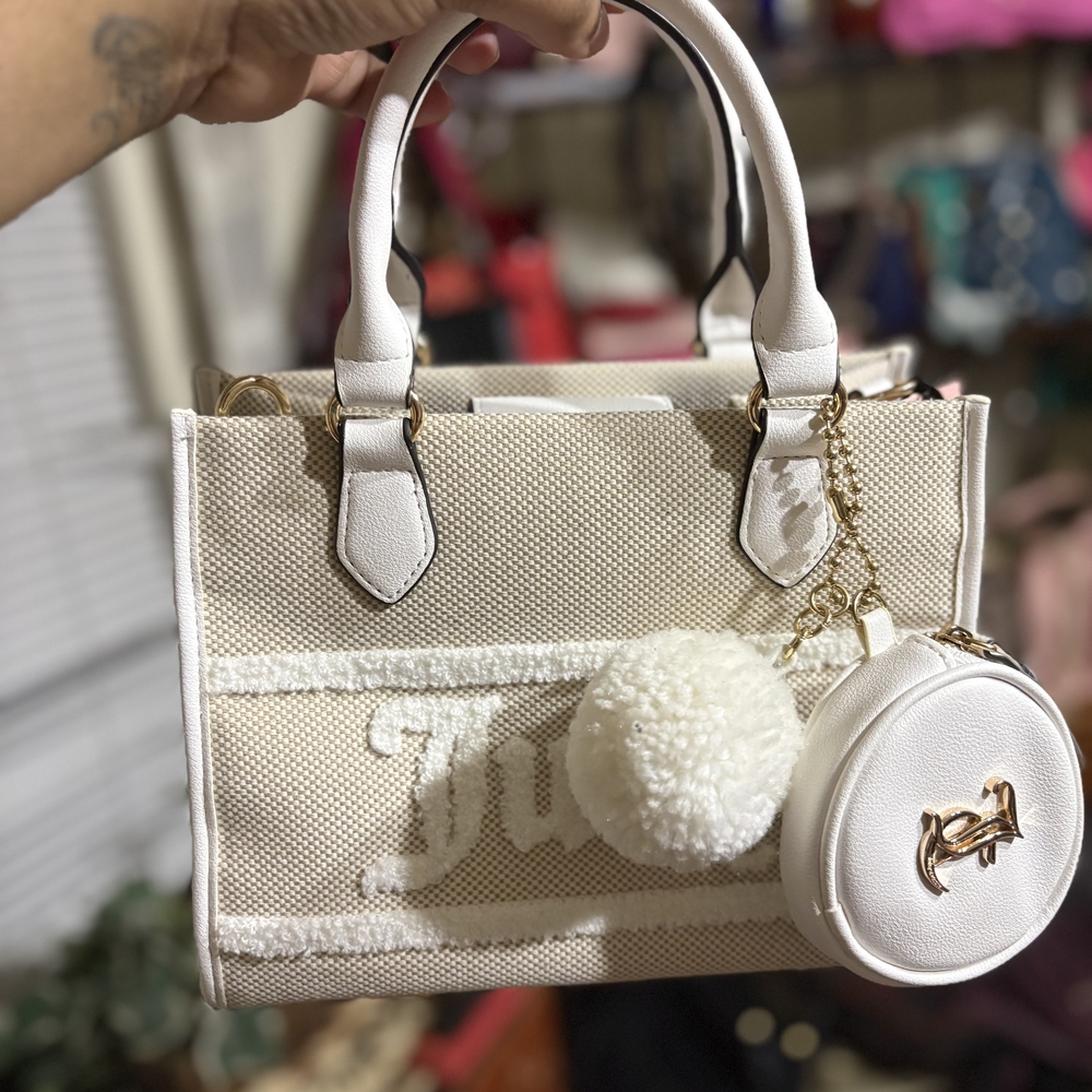 Juicy Couture .Cream Canvas Tote with Pom Charm -